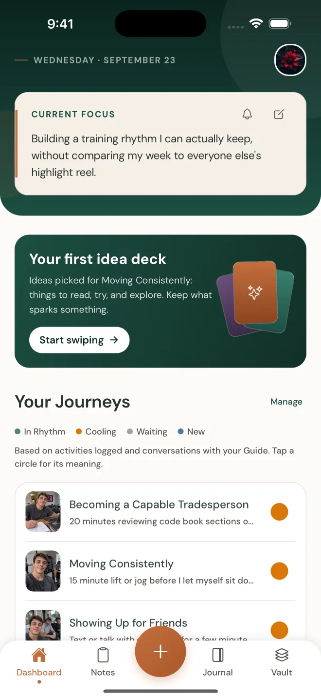 The Journe dashboard with a Current Focus, the first idea deck, and a list of Journeys