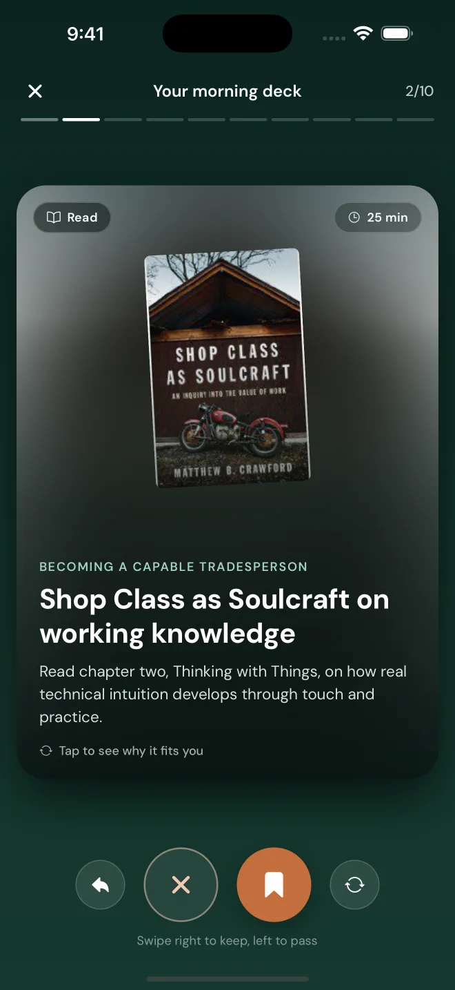 A morning deck card suggesting a chapter of Shop Class as Soulcraft for the Journey Becoming a Capable Tradesperson