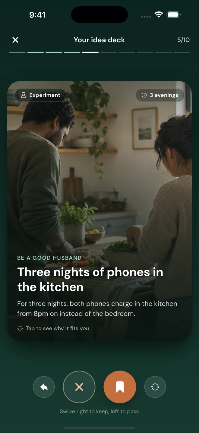 An idea deck card suggesting three nights of phones charging in the kitchen, with keep and pass buttons